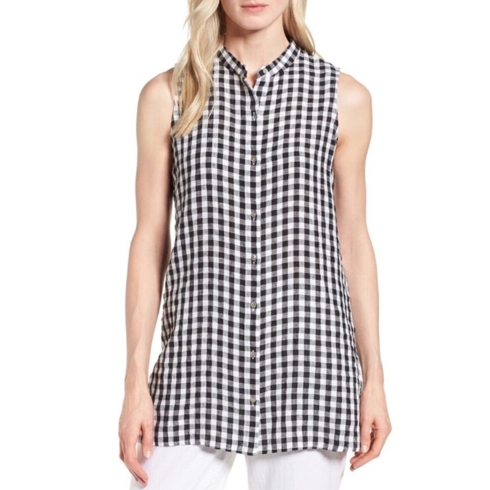 Eileen Fisher Mandarin Collar Linen Gingham Top